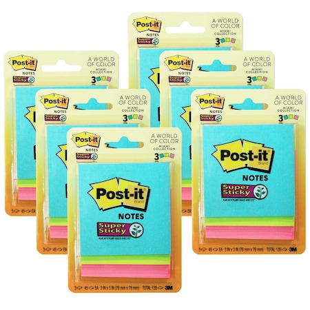 Post-It Super Sticky Notes, 3in. x 3in., Miami Collection, 3 Pads Per Set, 6PK 3321SSAN